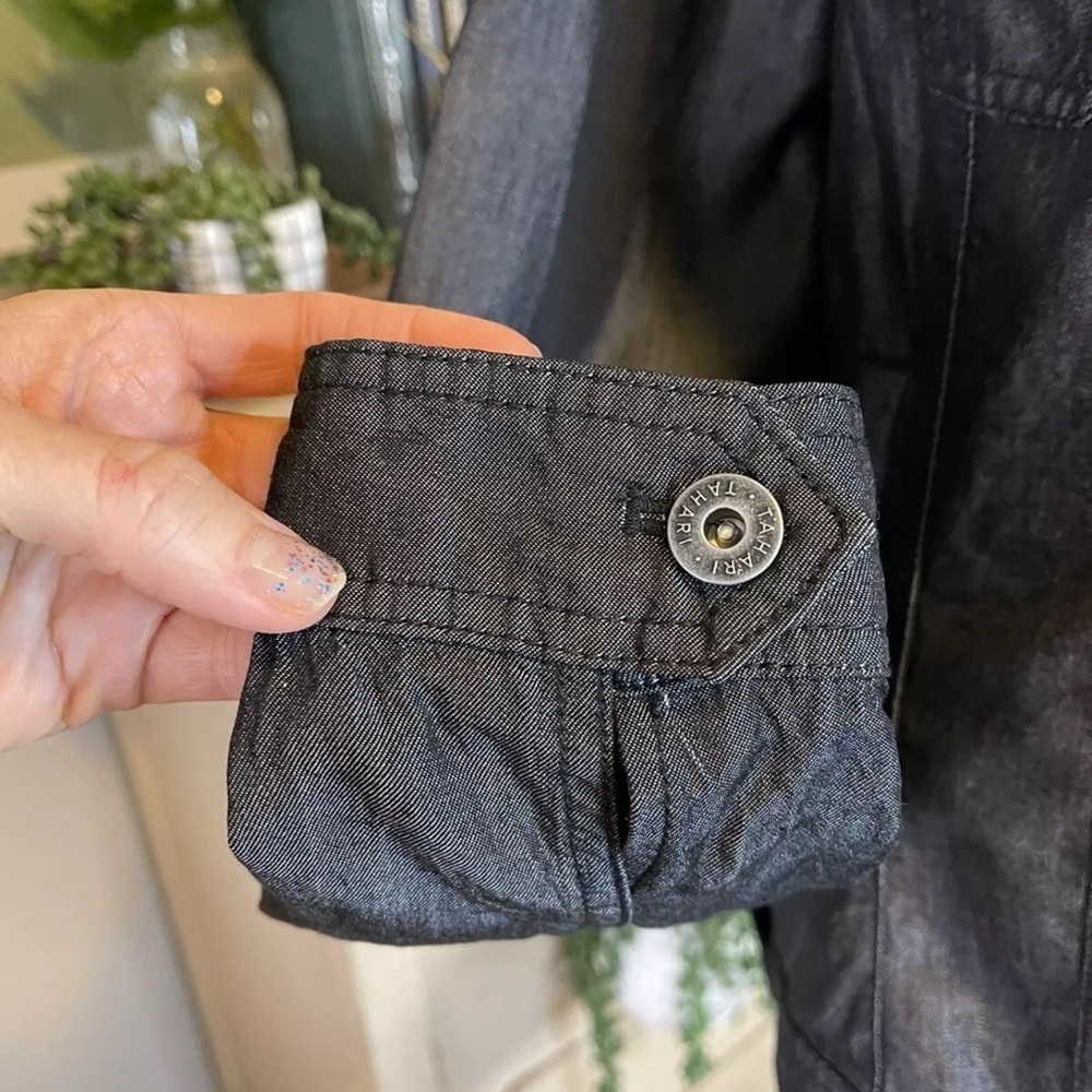 Tahari Jacket Black Sheen XL Lightweight Snap Buttons Pintuck Front Party Casual - Picture 7 of 11